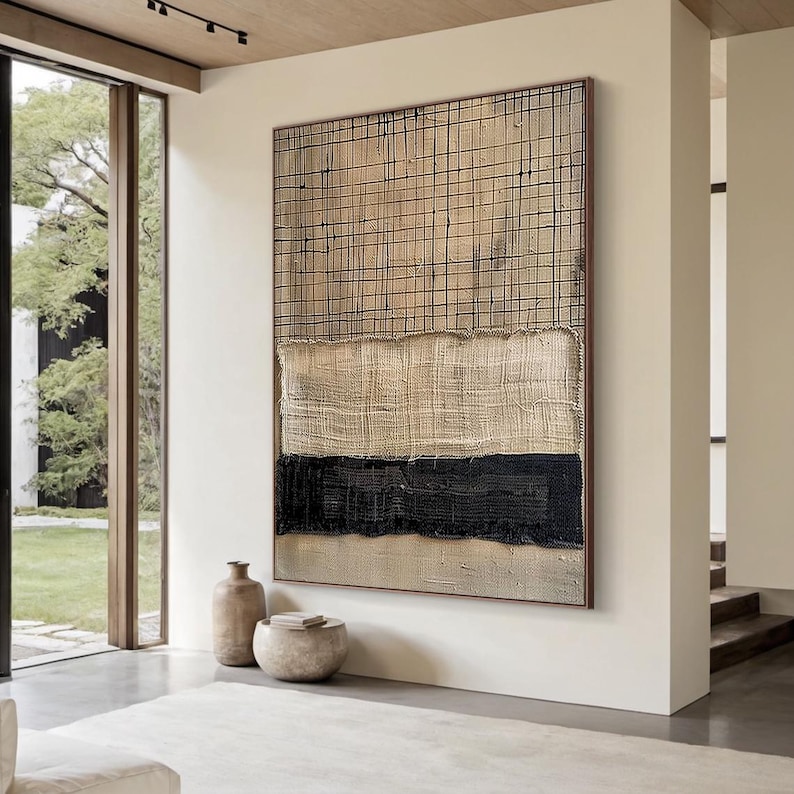 Woven Harmony - Textured Beige and Black Abstract Canvas Art