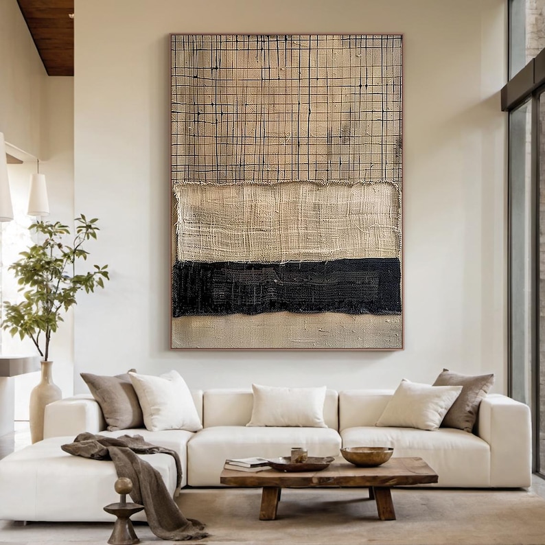 Woven Harmony - Textured Beige and Black Abstract Canvas Art