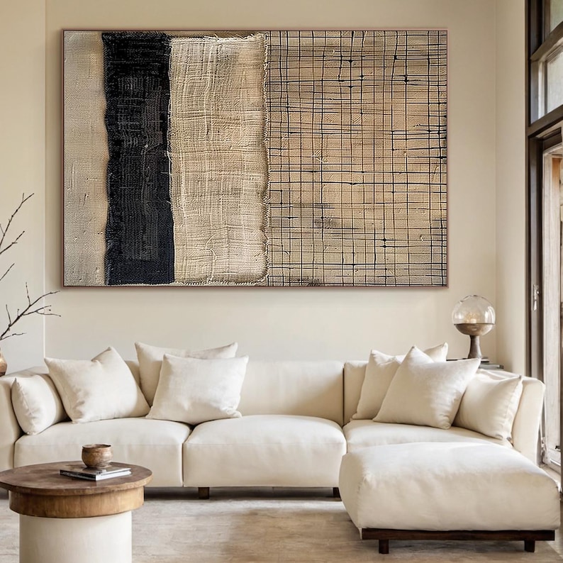 Woven Harmony - Textured Beige and Black Abstract Canvas Art