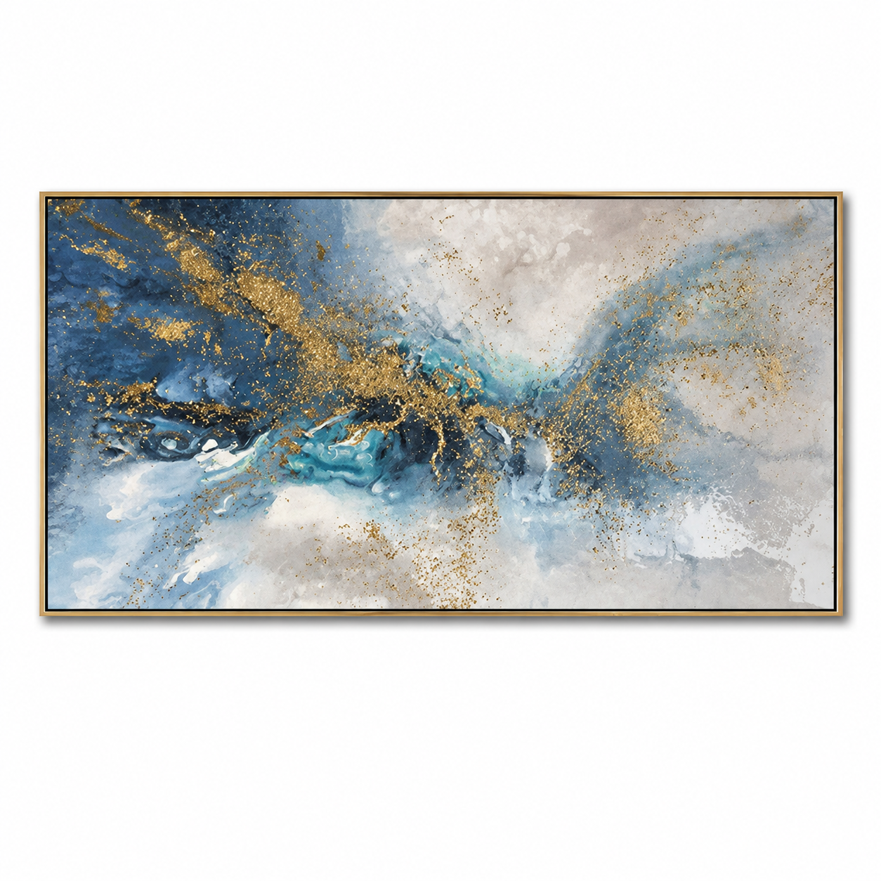 Celestial Tides – Luxury Blue & Gold Abstract Canvas Wall Art, Modern Coastal Painting for Living Room Decor