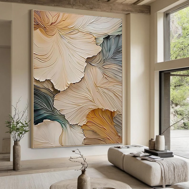 Petal Relief - Neutral Textured Floral Abstract Oil Painting