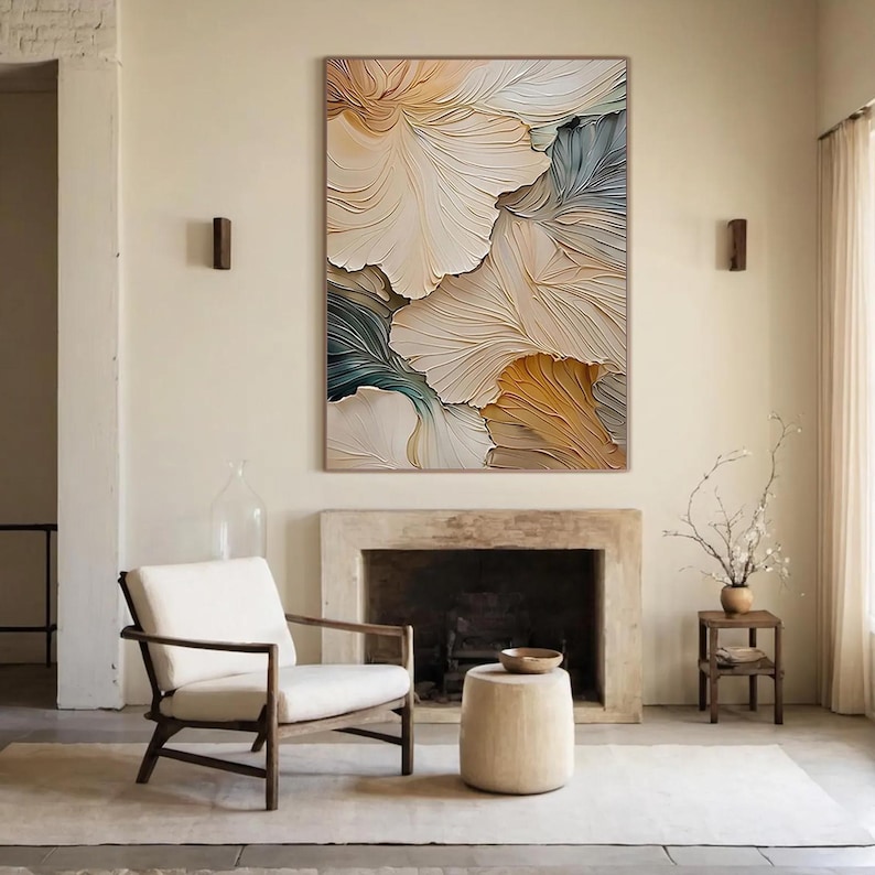 Petal Relief - Neutral Textured Floral Abstract Oil Painting