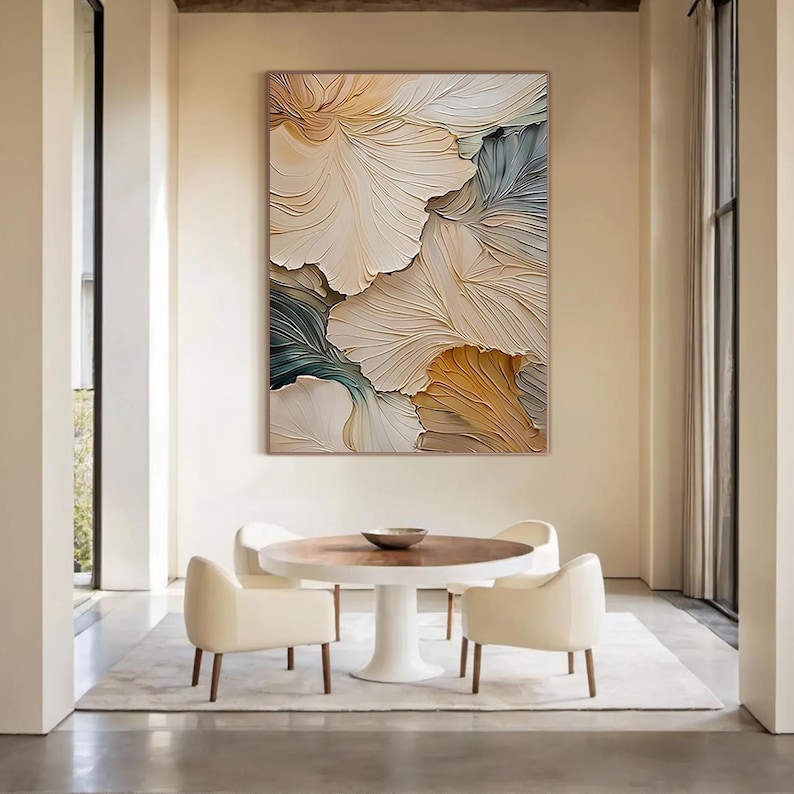 Petal Relief - Neutral Textured Floral Abstract Oil Painting