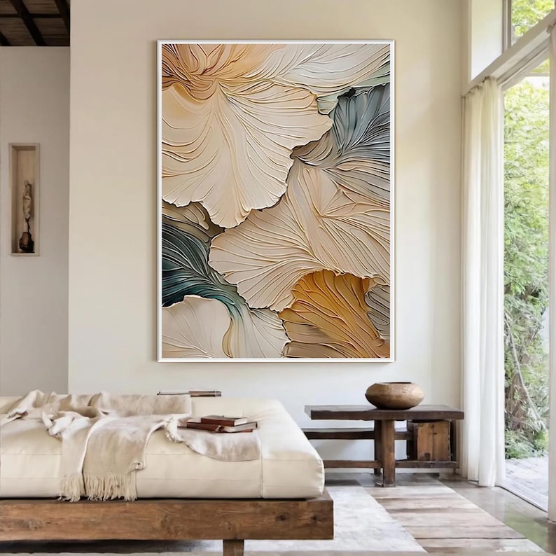 Petal Relief - Neutral Textured Floral Abstract Oil Painting