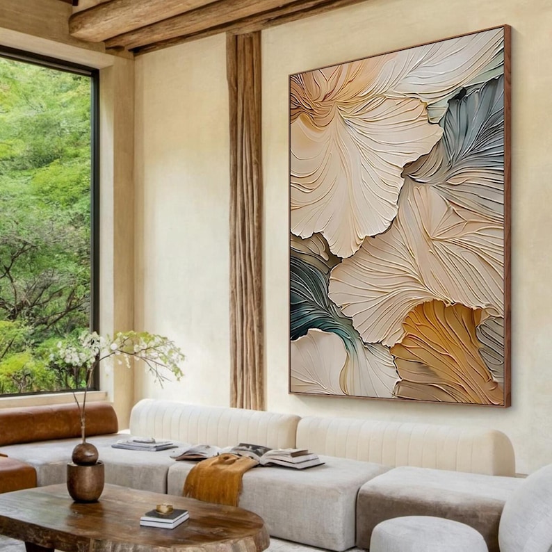 Petal Relief - Neutral Textured Floral Abstract Oil Painting