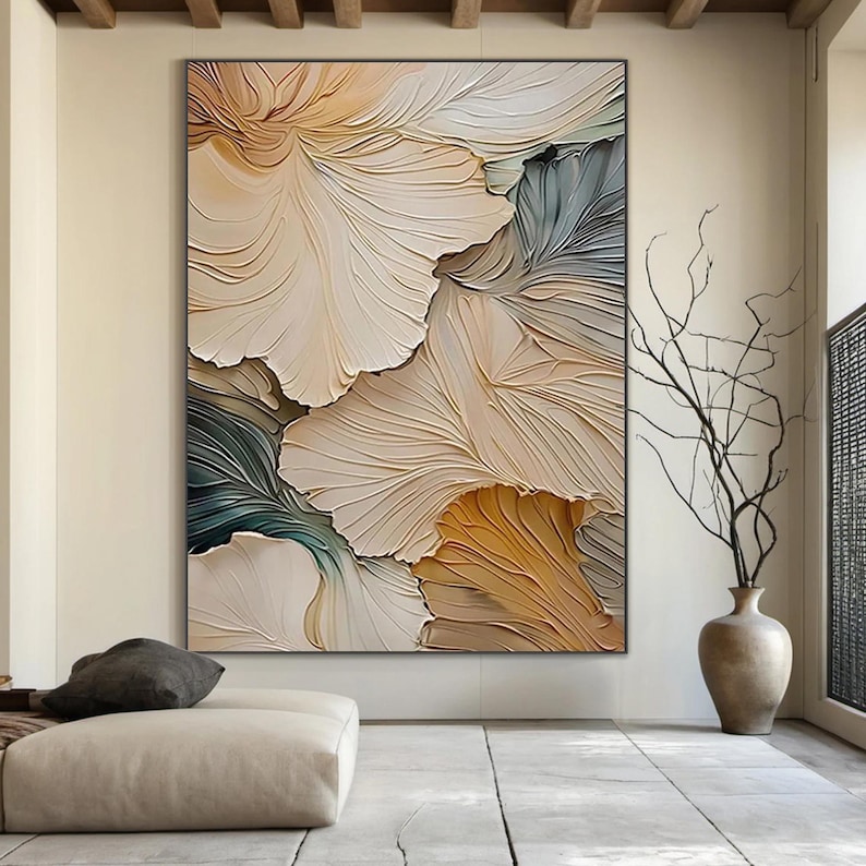 Petal Relief - Neutral Textured Floral Abstract Oil Painting