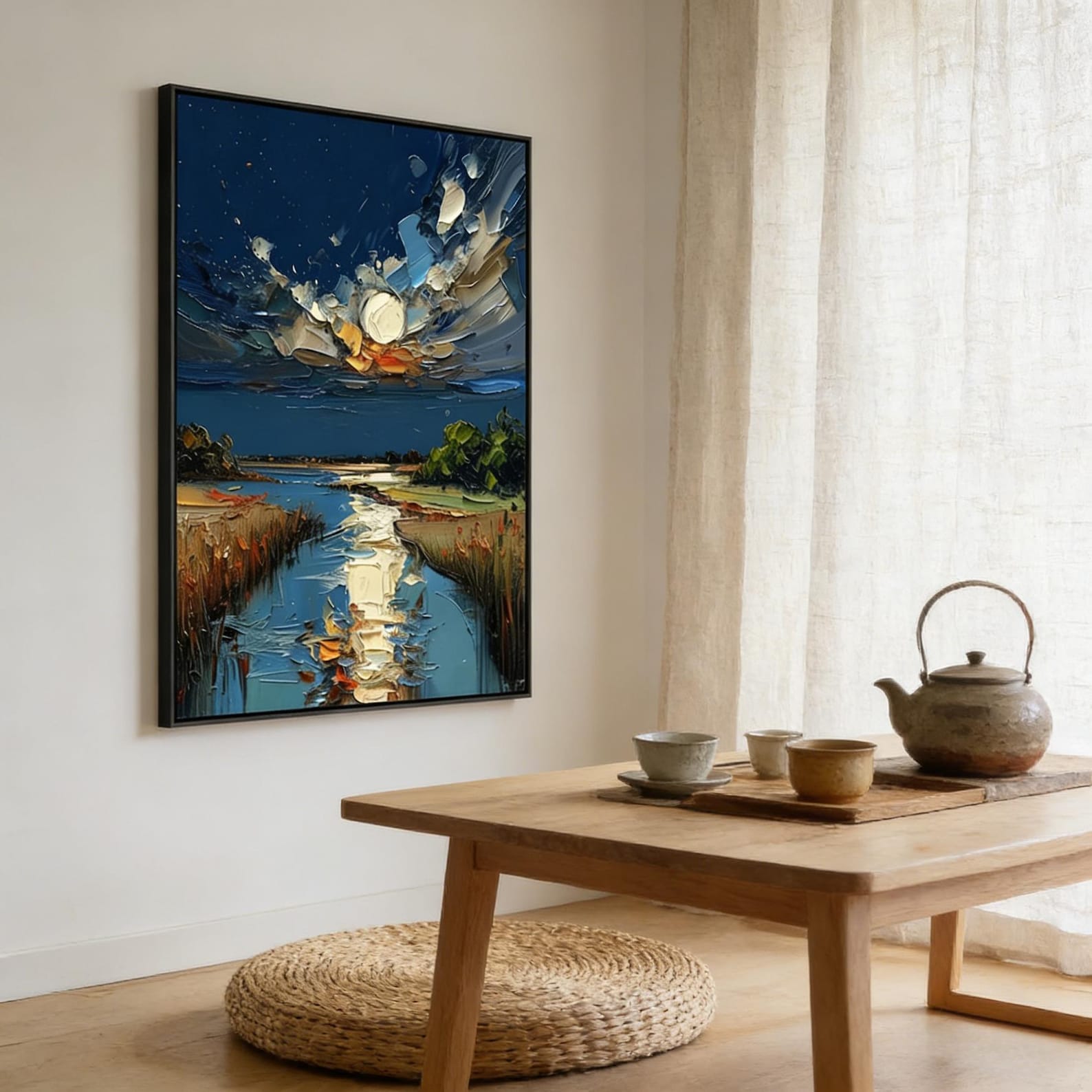 Midnight Reflection - Textured Night Landscape Wall Art