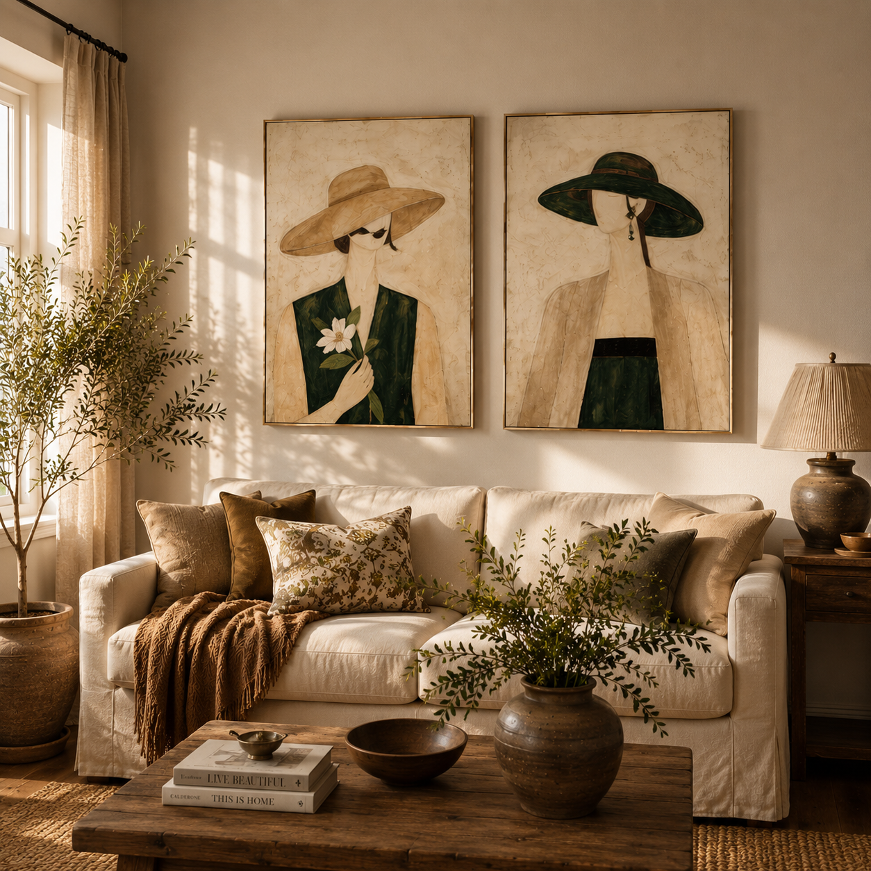 Grace in Silence – Elegant Feminine Canvas Wall Art Set, Neutral Abstract Woman Painting for Modern Living Room Decor