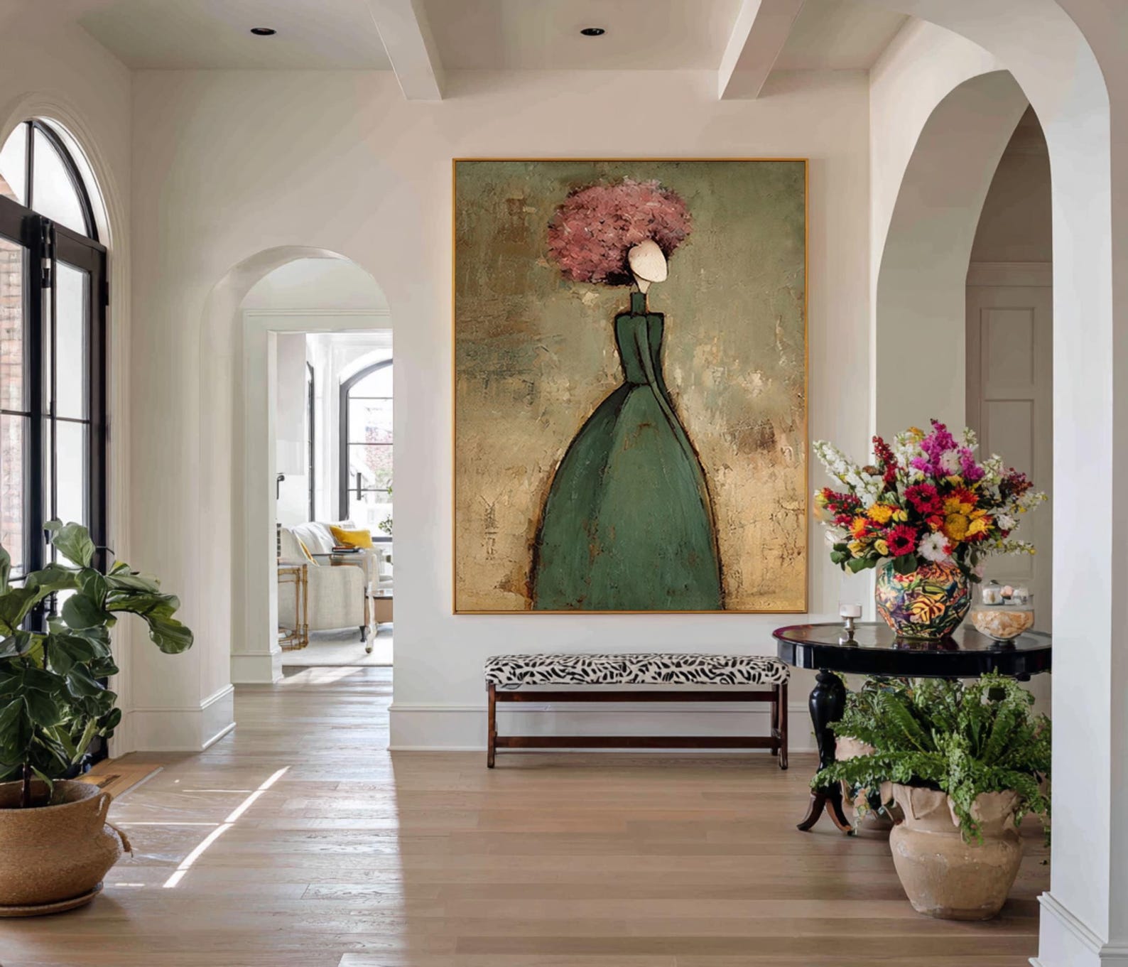 Floral Elegance - Textured Woman and Flower Canvas Art