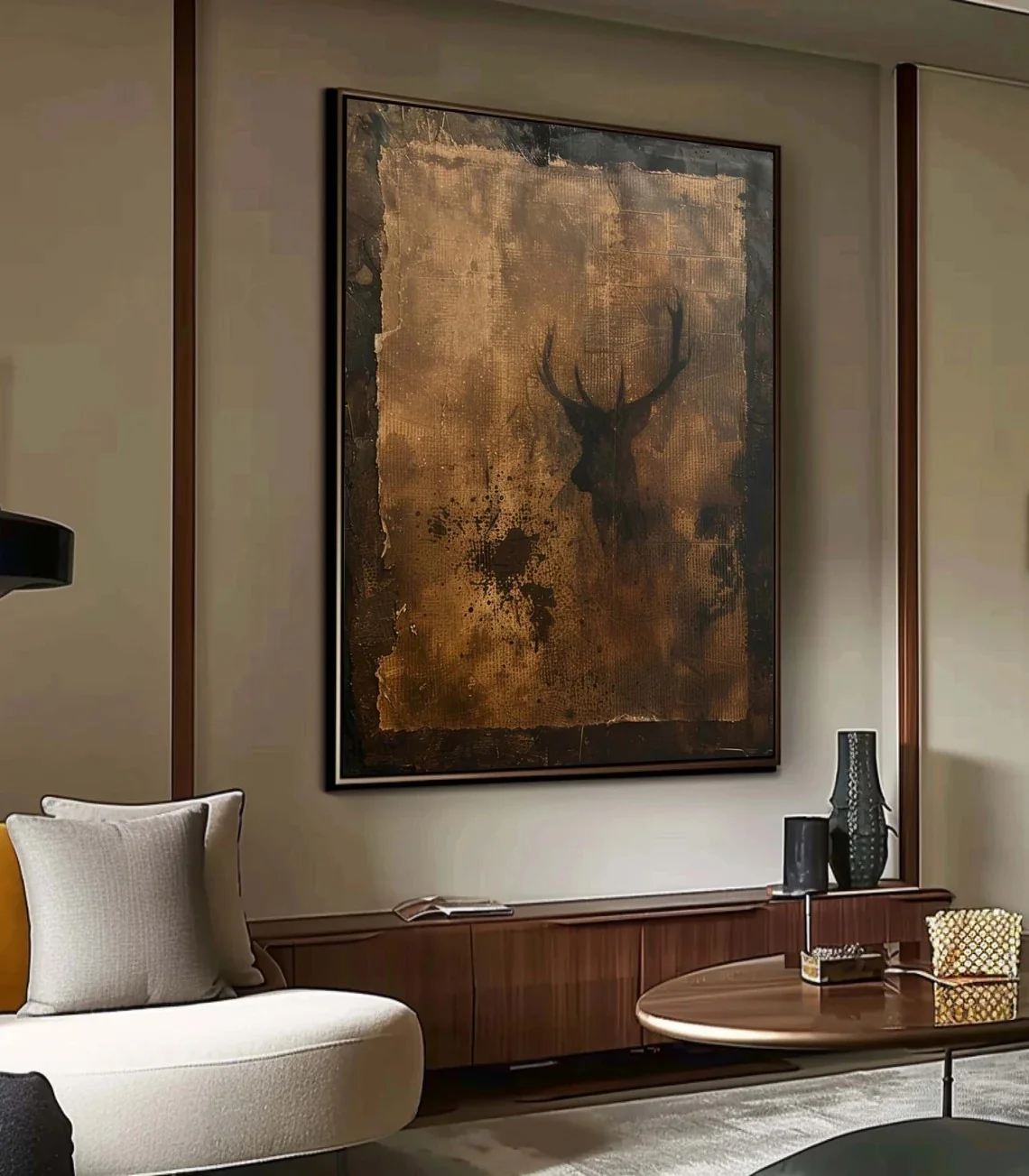 Golden Stag – Abstract Black and Gold Deer Canvas Art