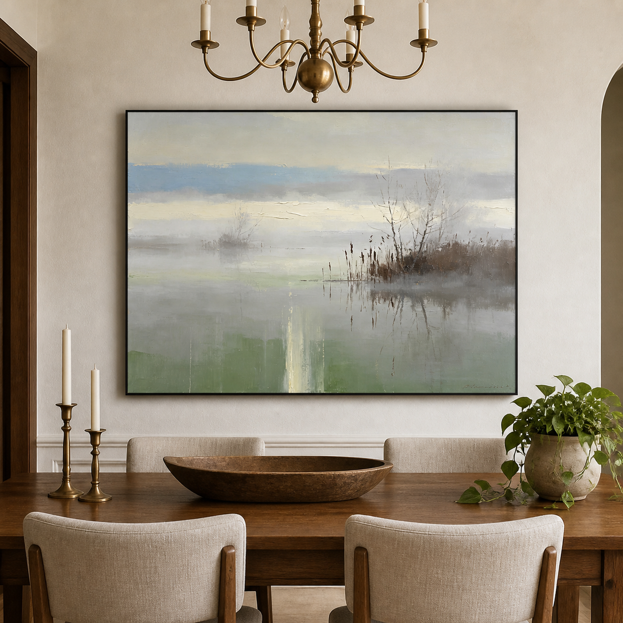 Neutral Lake Wall Art | Mist Over the Reeds