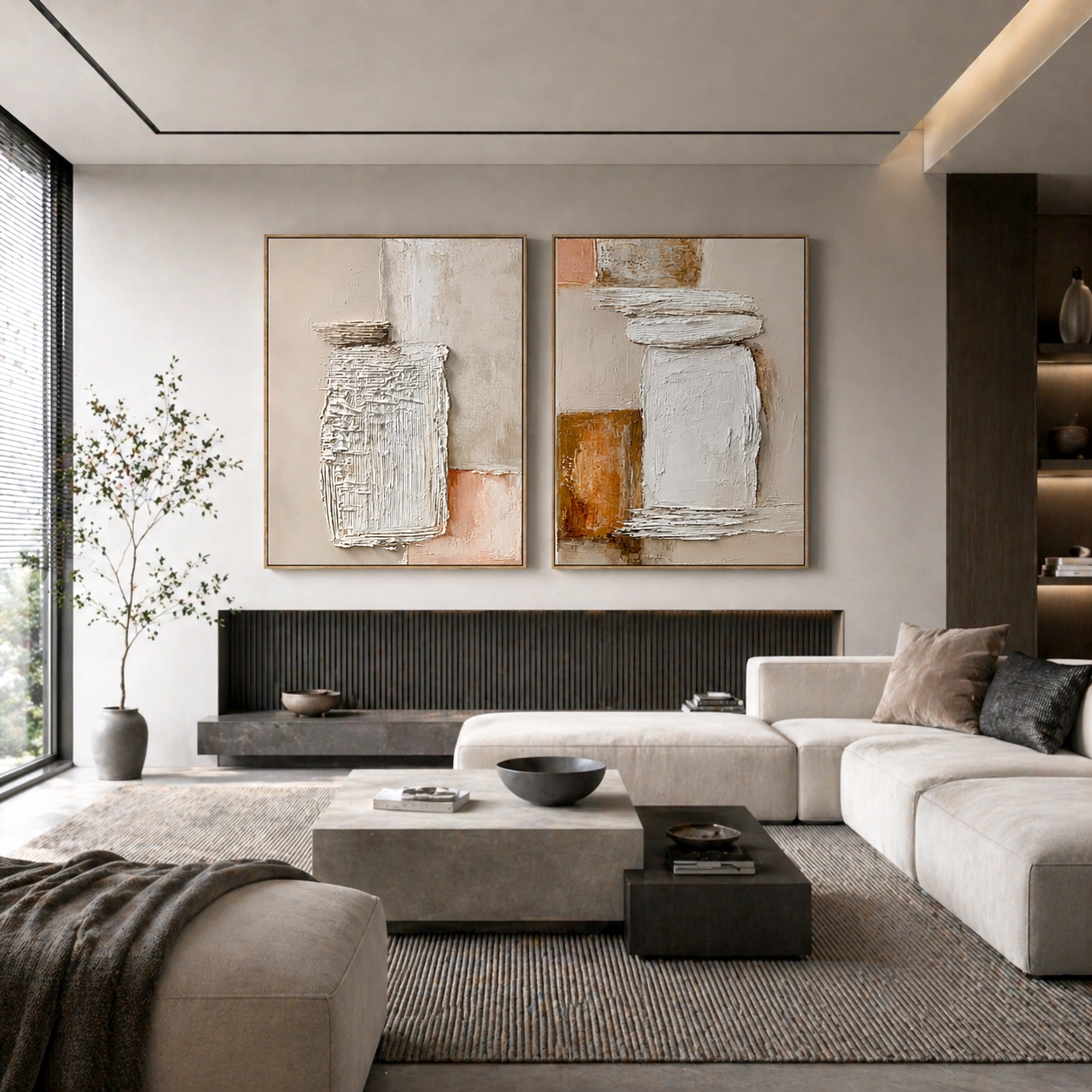 Silent Forms | Hand-Painted Neutral Textured Abstract Wall Art | Modern Minimalist Diptych Oil Painting