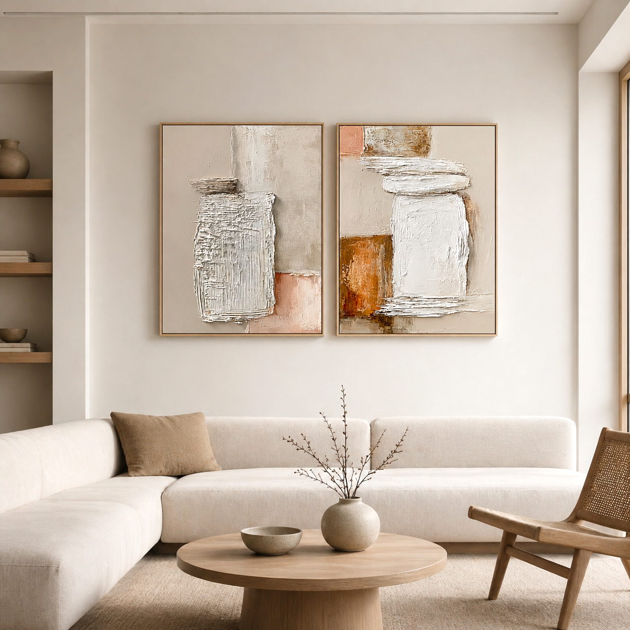 Silent Forms | Hand-Painted Neutral Textured Abstract Wall Art | Modern Minimalist Diptych Oil Painting