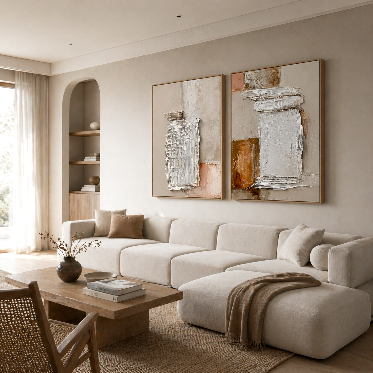 Silent Forms | Hand-Painted Neutral Textured Abstract Wall Art | Modern Minimalist Diptych Oil Painting