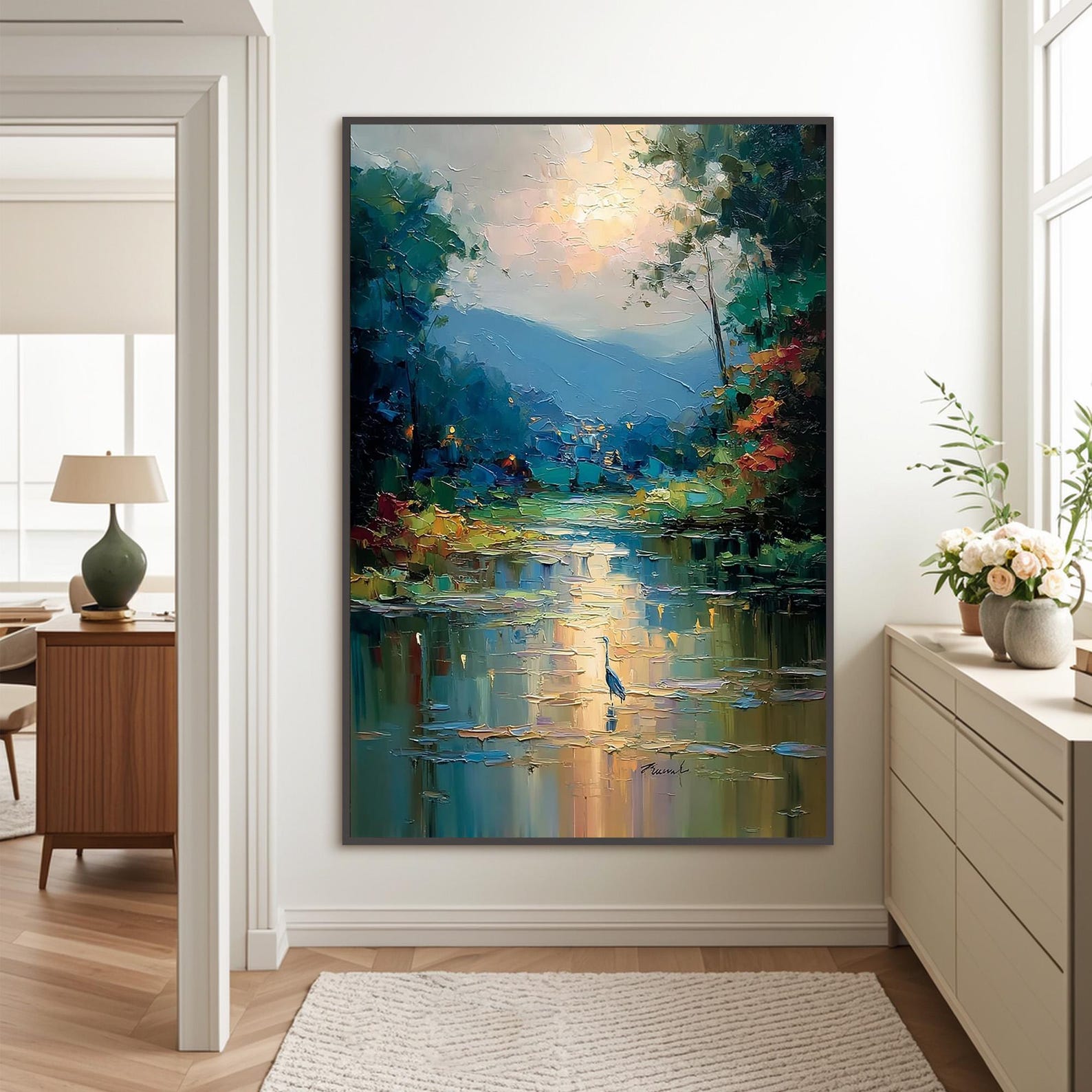 Still Waters, Quiet Light – Abstract Landscape Canvas Wall Art, Mountain Lake Painting for Modern Home Decor