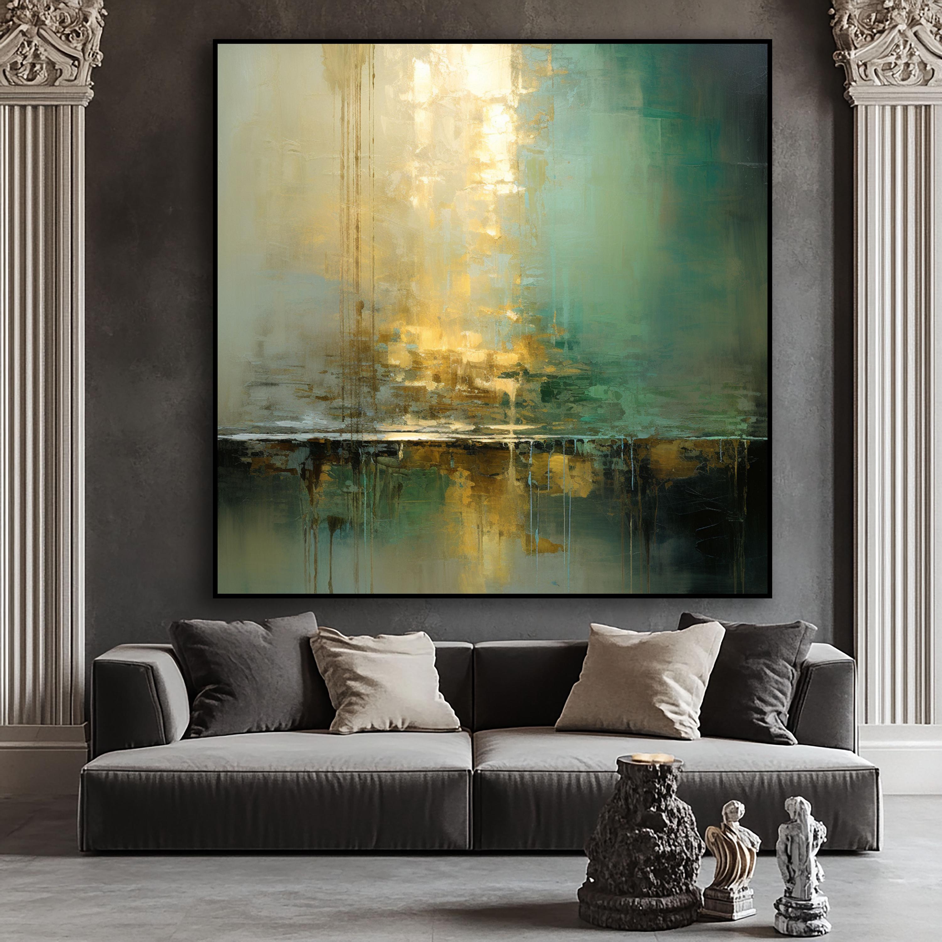 Golden Reflection - Abstract Modern Art with Dripping Paint in Green and Gold Tones