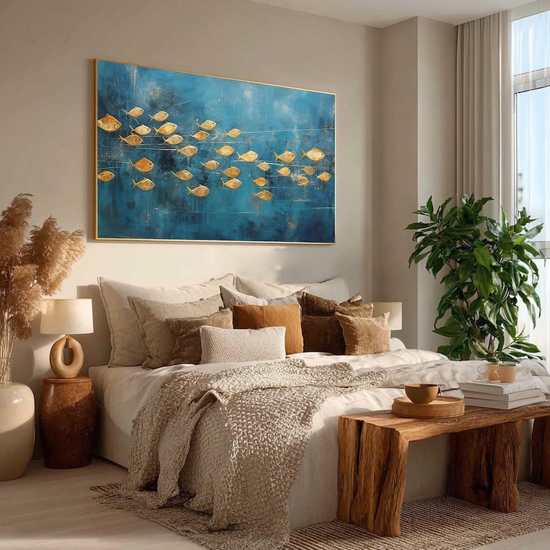 Golden Current - Modern Fish School Oil Painting