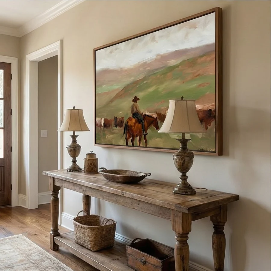 Ranch Serenity – Hand-Painted Cowboy Herding Cattle Oil Painting