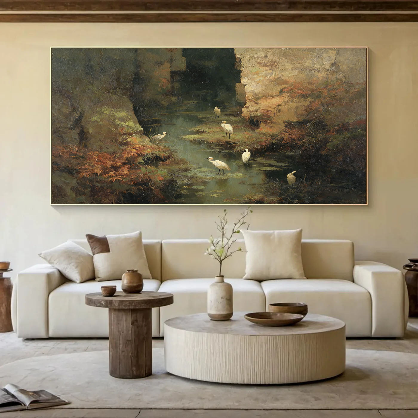 Hand-Painted Nature Landscape Wall Art Textured Bird & Water Scene Canvas for Modern Home Decor