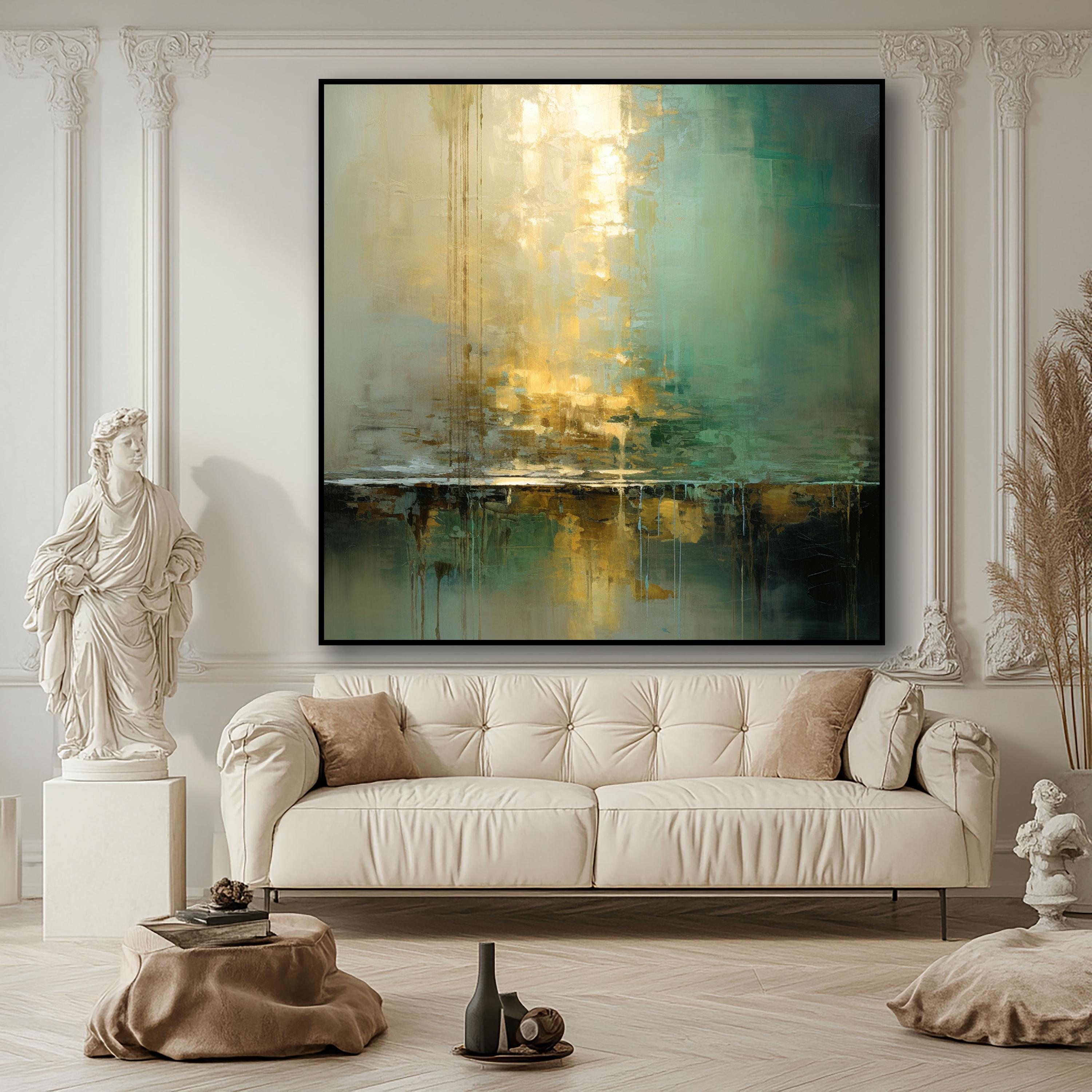 Golden Reflection - Abstract Modern Art with Dripping Paint in Green and Gold Tones