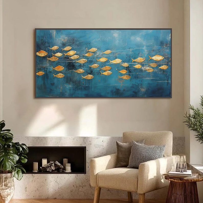 Golden Current - Modern Fish School Oil Painting