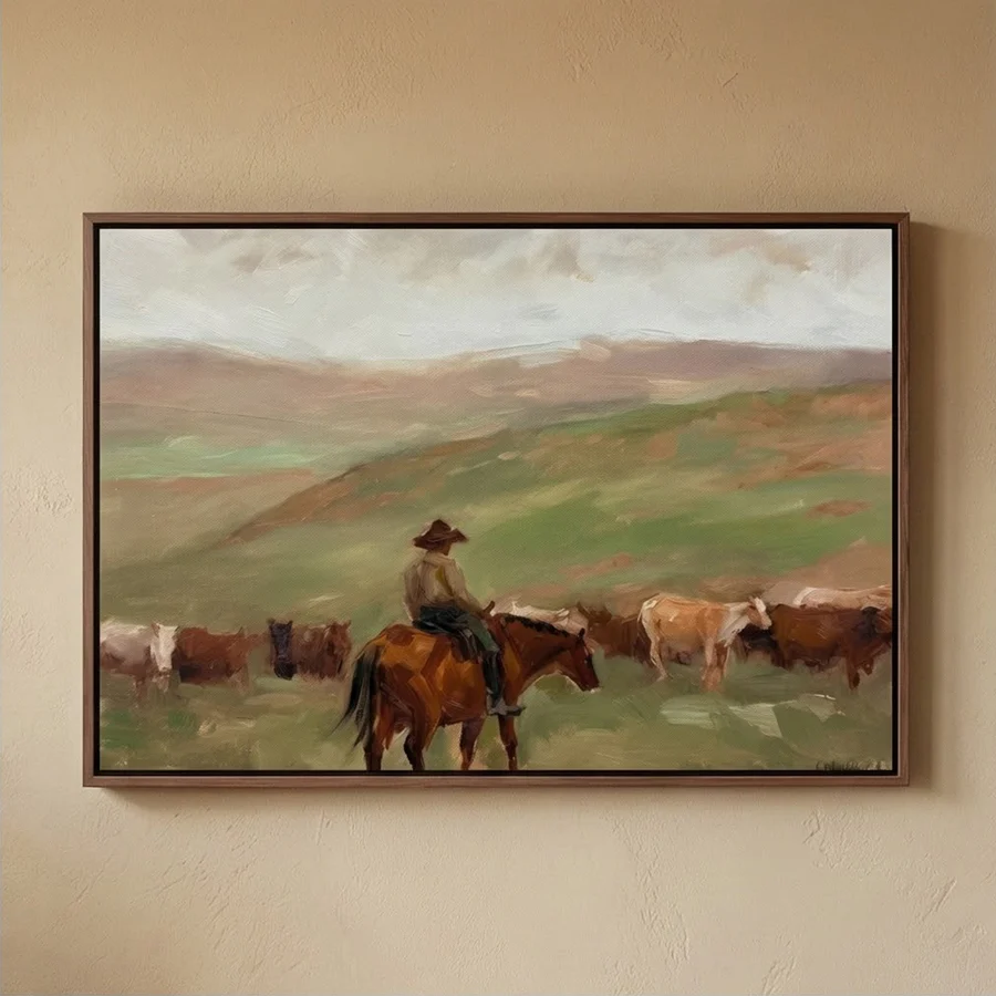Ranch Serenity – Hand-Painted Cowboy Herding Cattle Oil Painting
