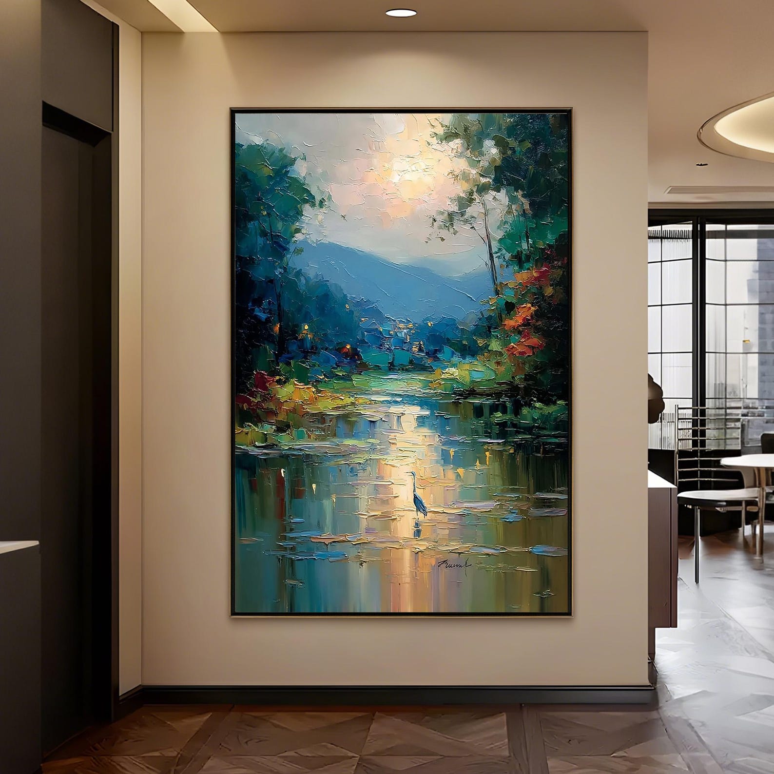 Still Waters, Quiet Light – Abstract Landscape Canvas Wall Art, Mountain Lake Painting for Modern Home Decor
