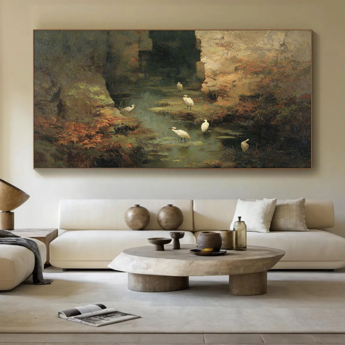 Hand-Painted Nature Landscape Wall Art Textured Bird & Water Scene Canvas for Modern Home Decor