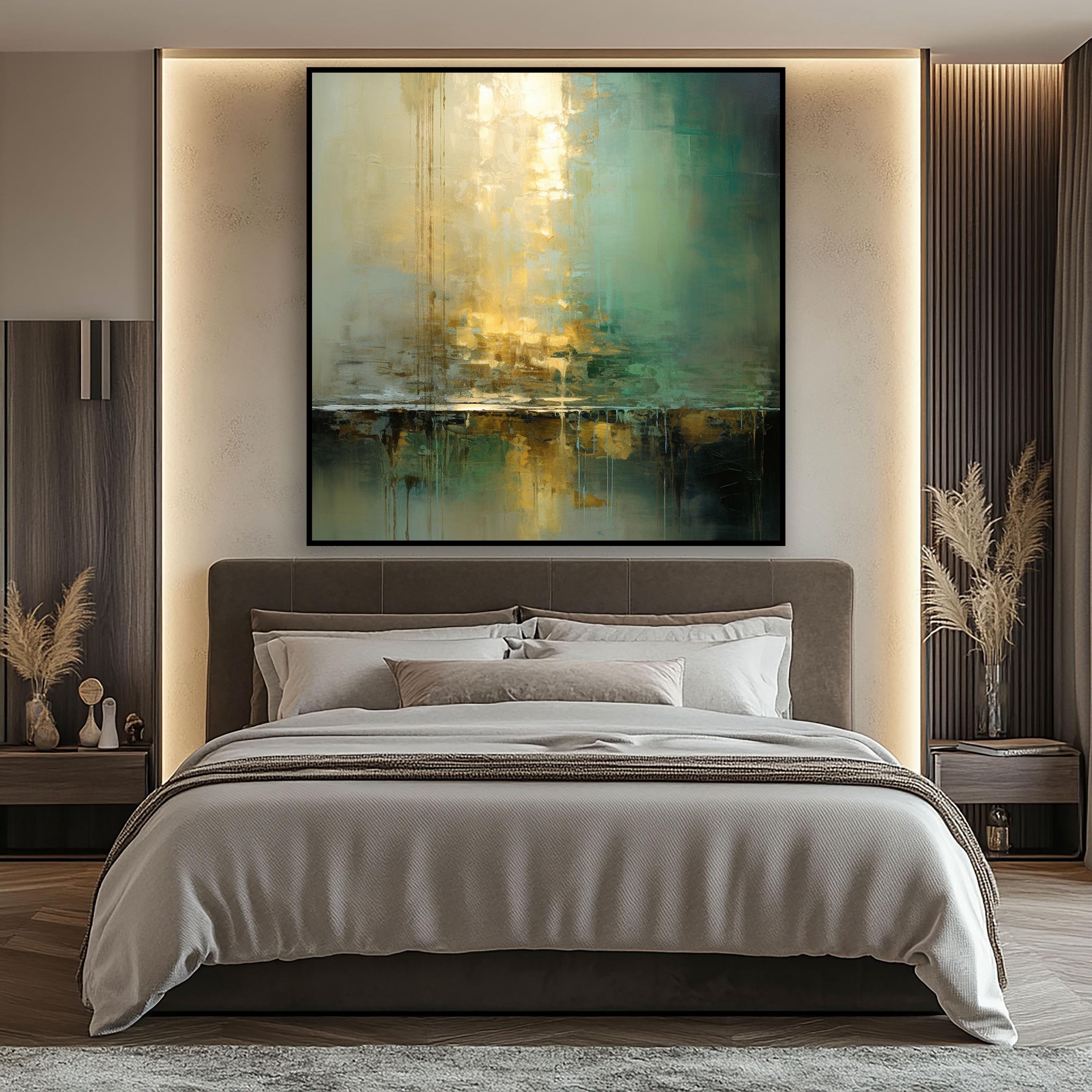 Golden Reflection - Abstract Modern Art with Dripping Paint in Green and Gold Tones