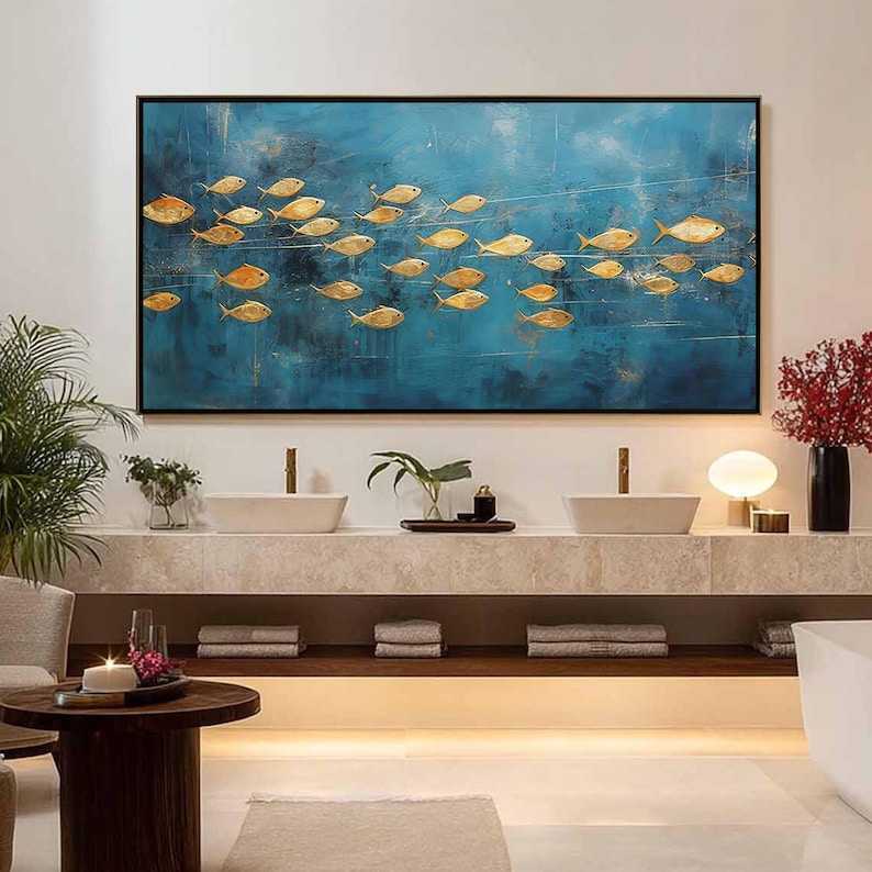 Golden Current - Modern Fish School Oil Painting