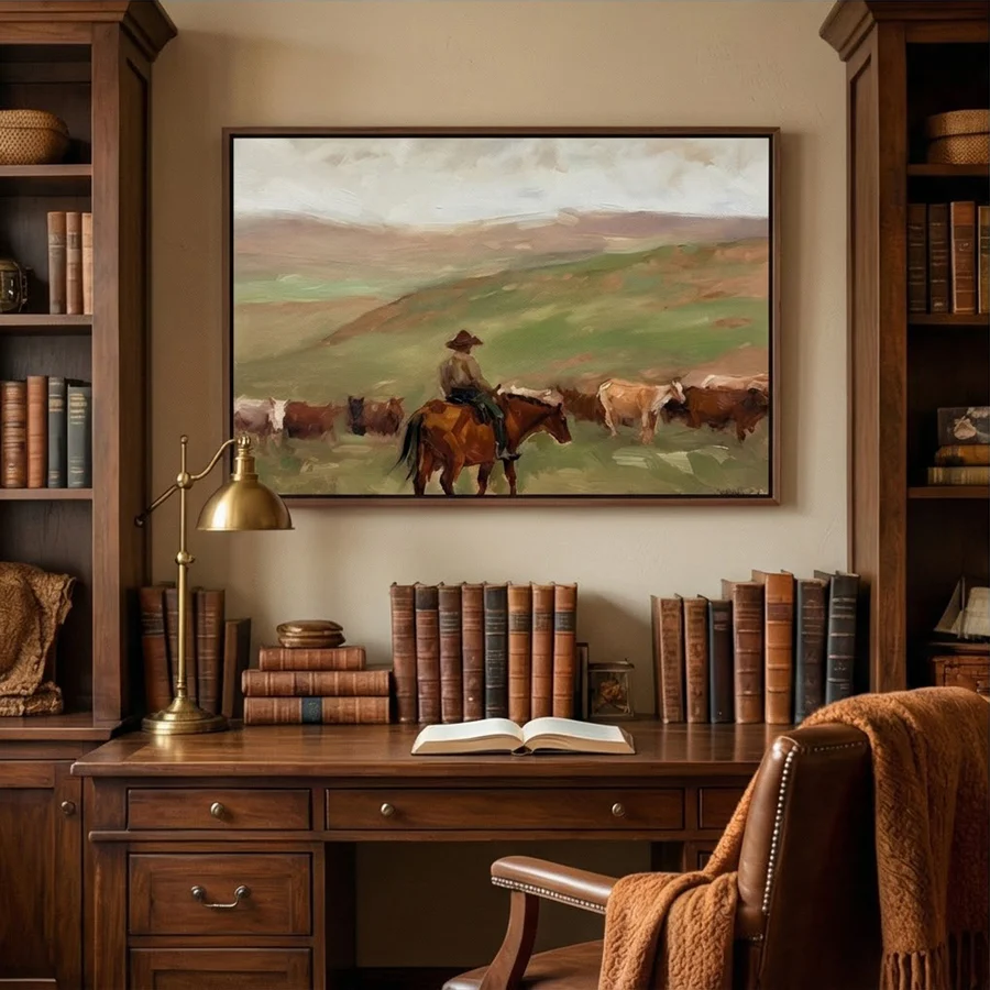 Ranch Serenity – Hand-Painted Cowboy Herding Cattle Oil Painting