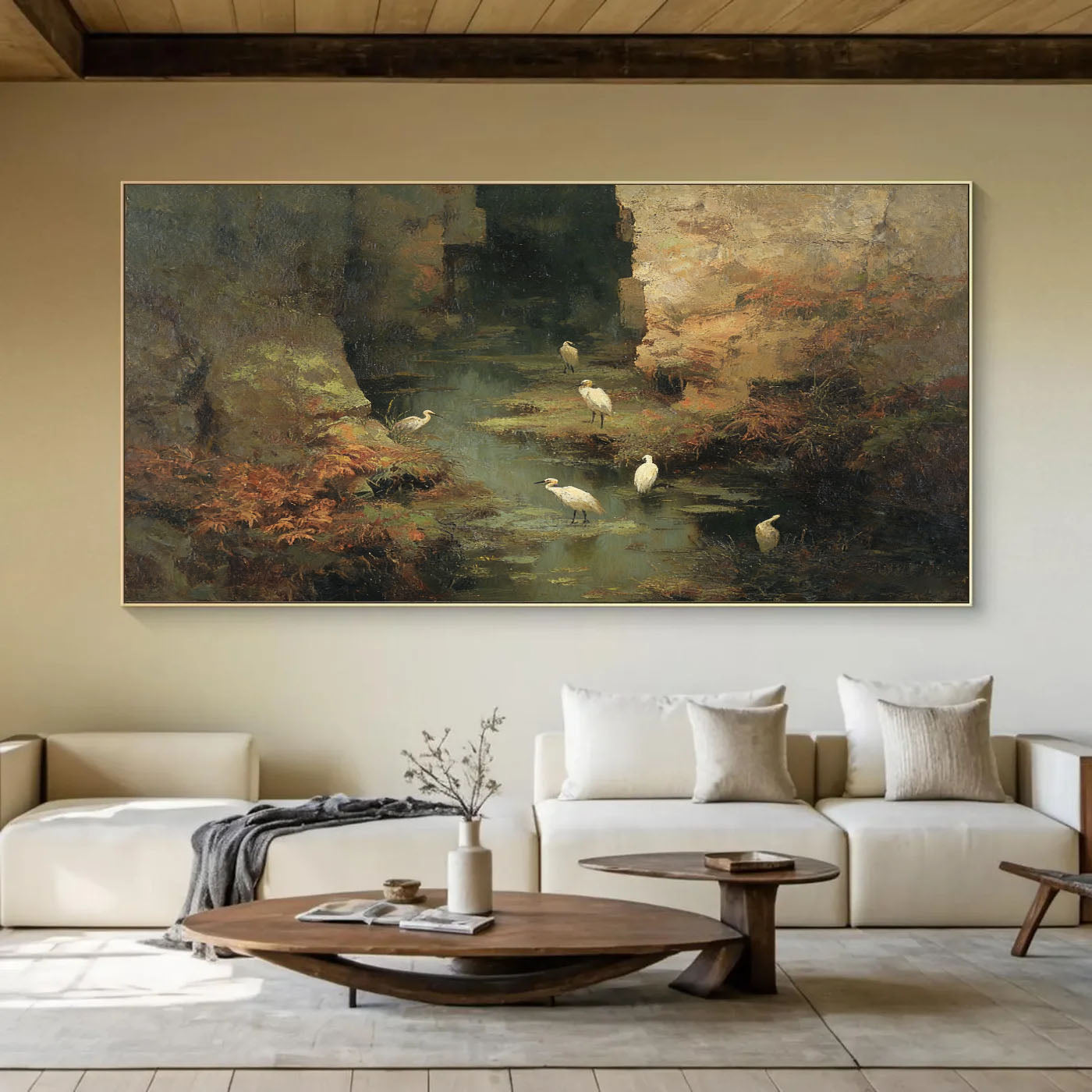 Hand-Painted Nature Landscape Wall Art Textured Bird & Water Scene Canvas for Modern Home Decor