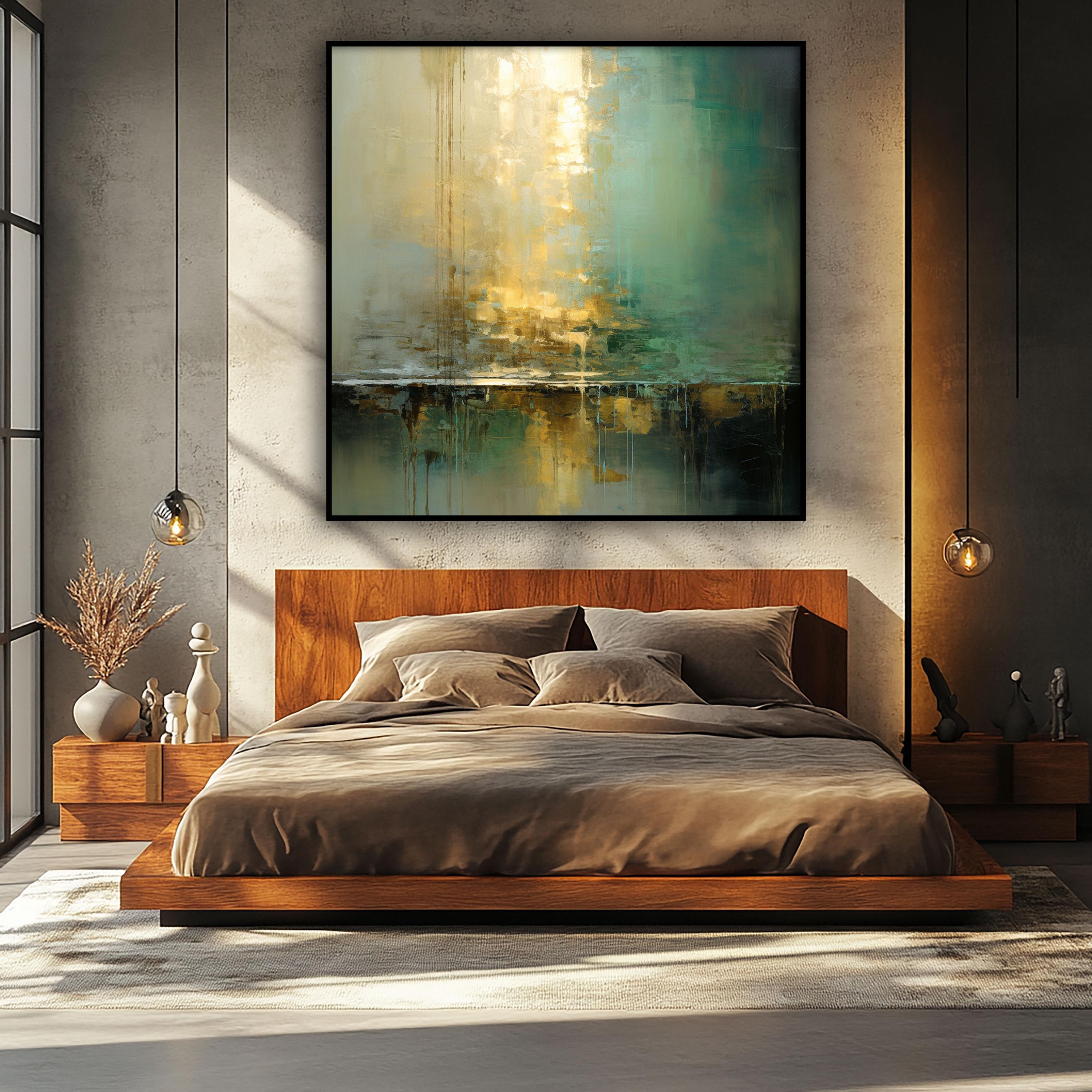 Golden Reflection - Abstract Modern Art with Dripping Paint in Green and Gold Tones