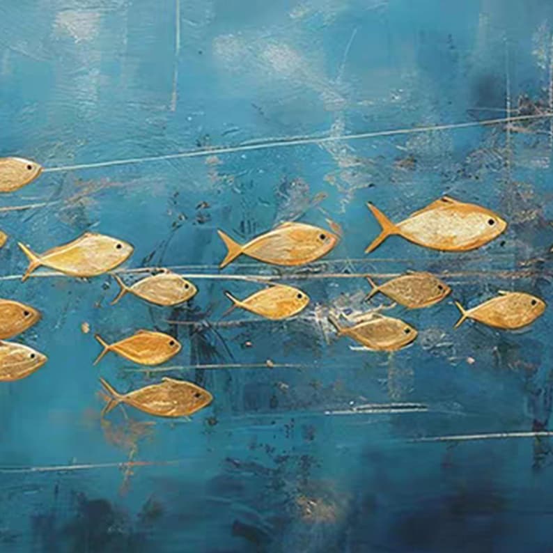 Golden Current - Modern Fish School Oil Painting