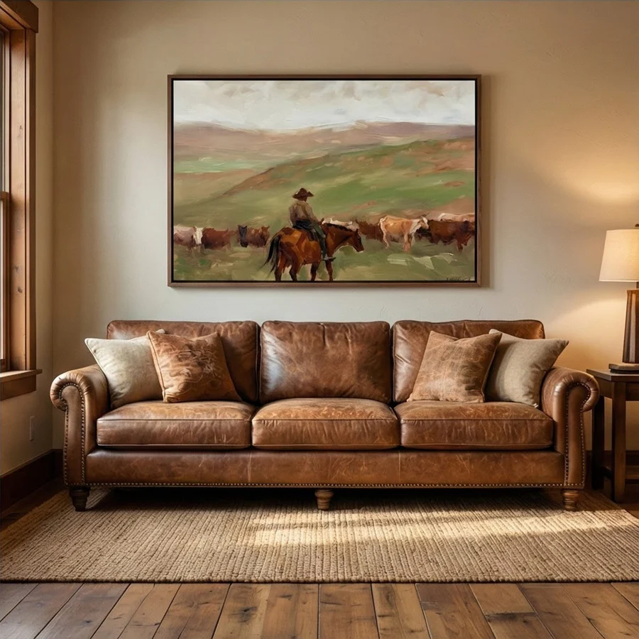 Ranch Serenity – Hand-Painted Cowboy Herding Cattle Oil Painting