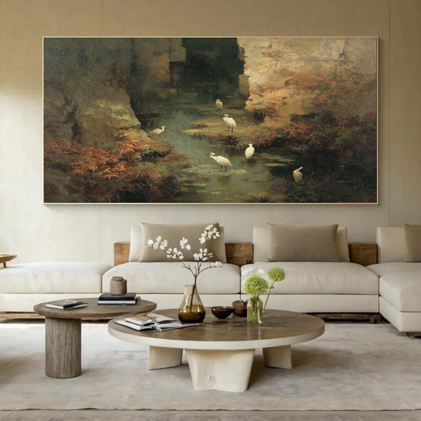 Hand-Painted Nature Landscape Wall Art Textured Bird & Water Scene Canvas for Modern Home Decor