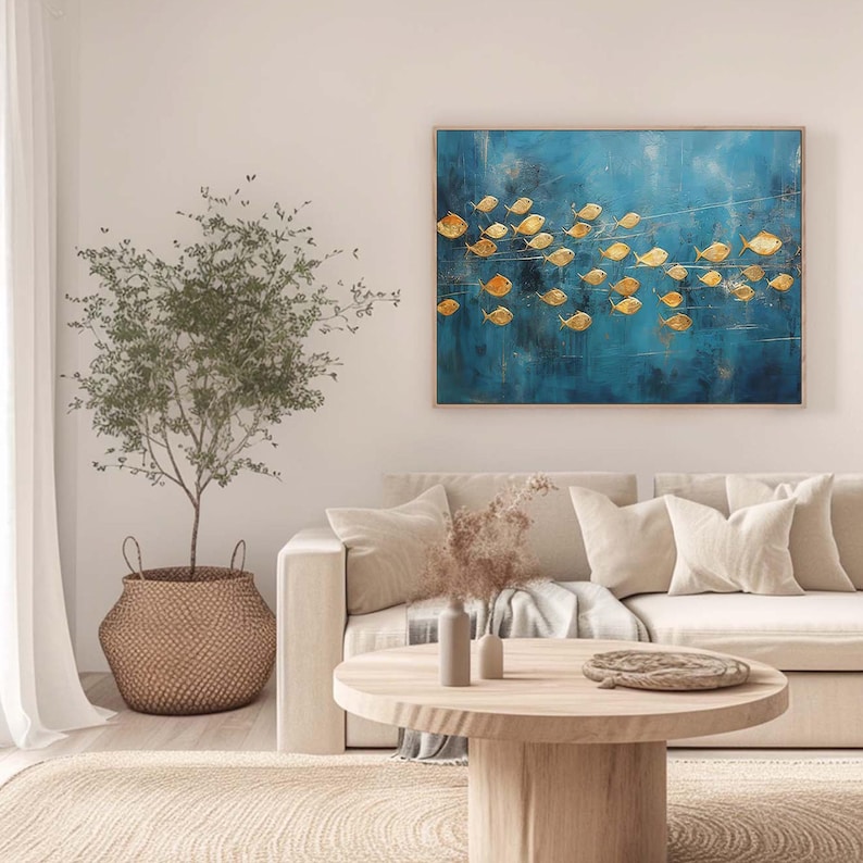 Golden Current - Modern Fish School Oil Painting
