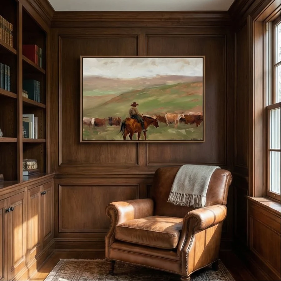Ranch Serenity – Hand-Painted Cowboy Herding Cattle Oil Painting