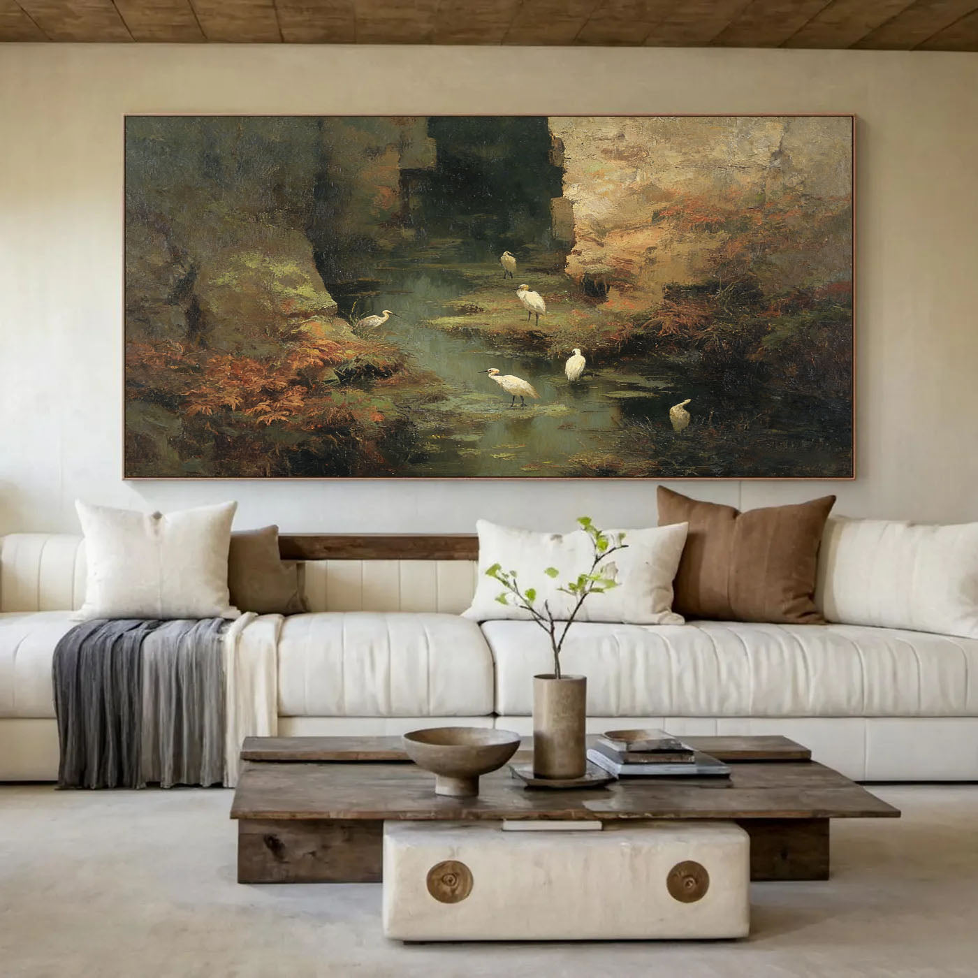 Hand-Painted Nature Landscape Wall Art Textured Bird & Water Scene Canvas for Modern Home Decor