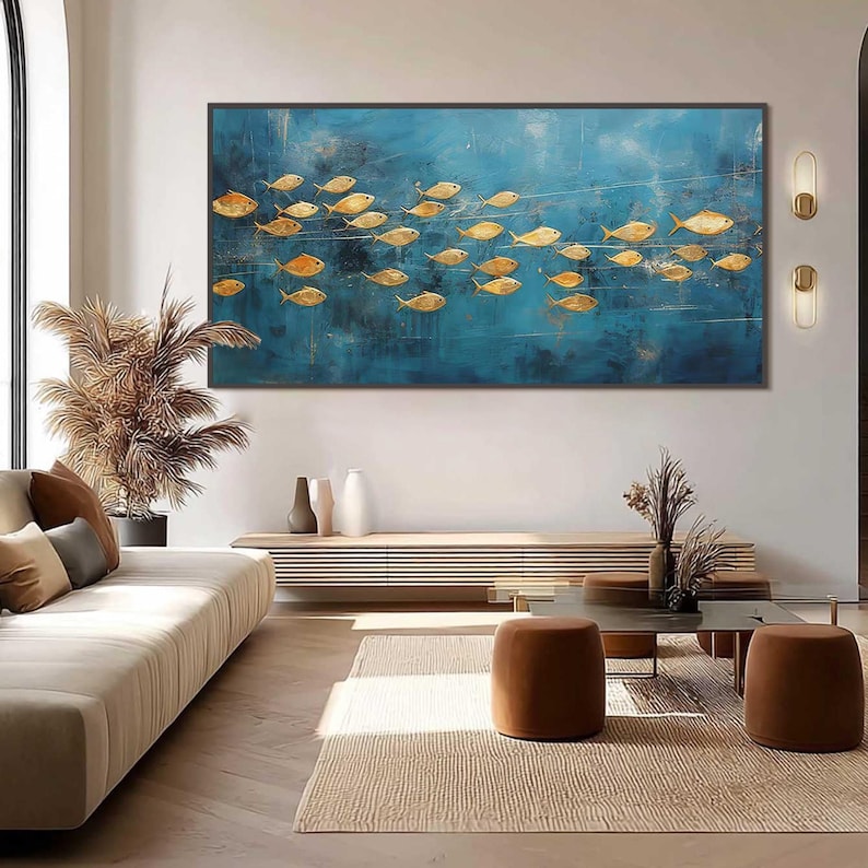 Golden Current - Modern Fish School Oil Painting