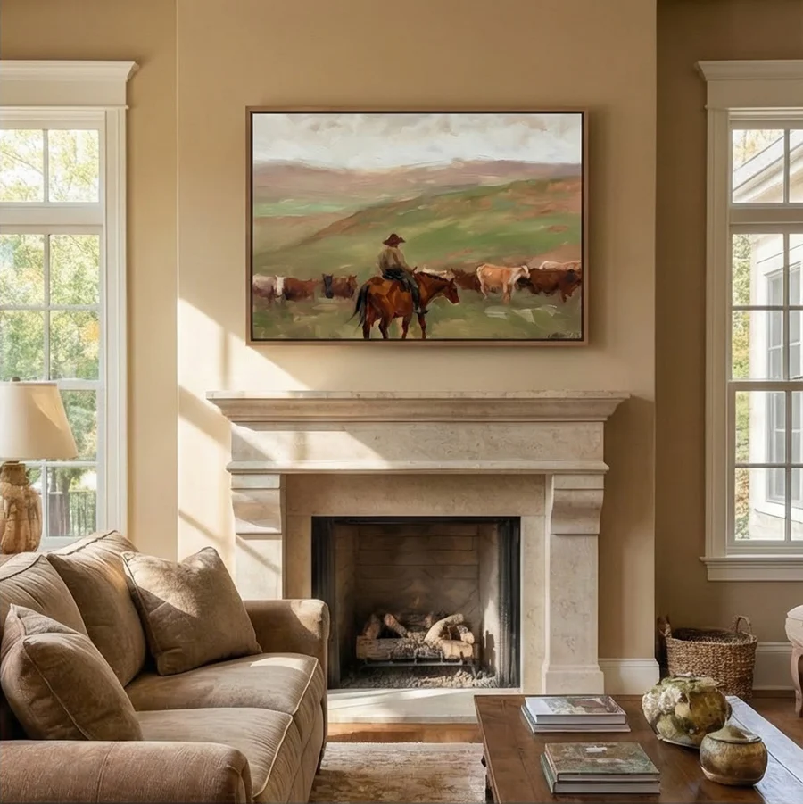 Ranch Serenity – Hand-Painted Cowboy Herding Cattle Oil Painting