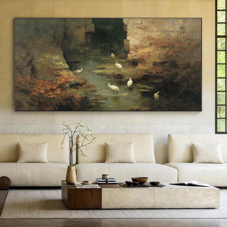 Hand-Painted Nature Landscape Wall Art Textured Bird & Water Scene Canvas for Modern Home Decor