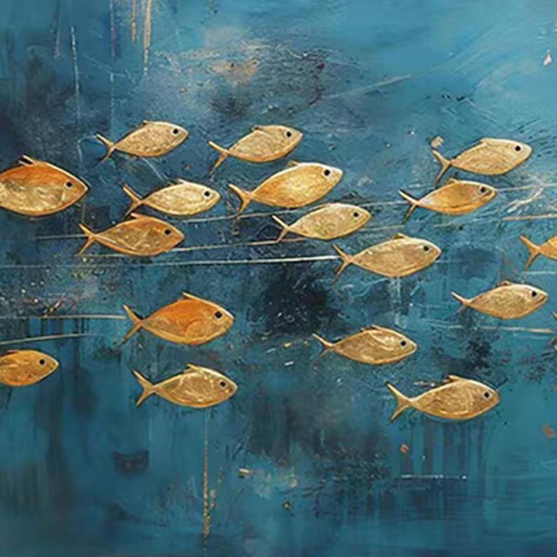 Golden Current - Modern Fish School Oil Painting