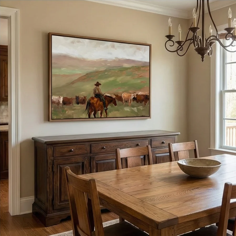 Ranch Serenity – Hand-Painted Cowboy Herding Cattle Oil Painting
