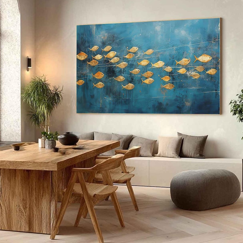 Golden Current - Modern Fish School Oil Painting