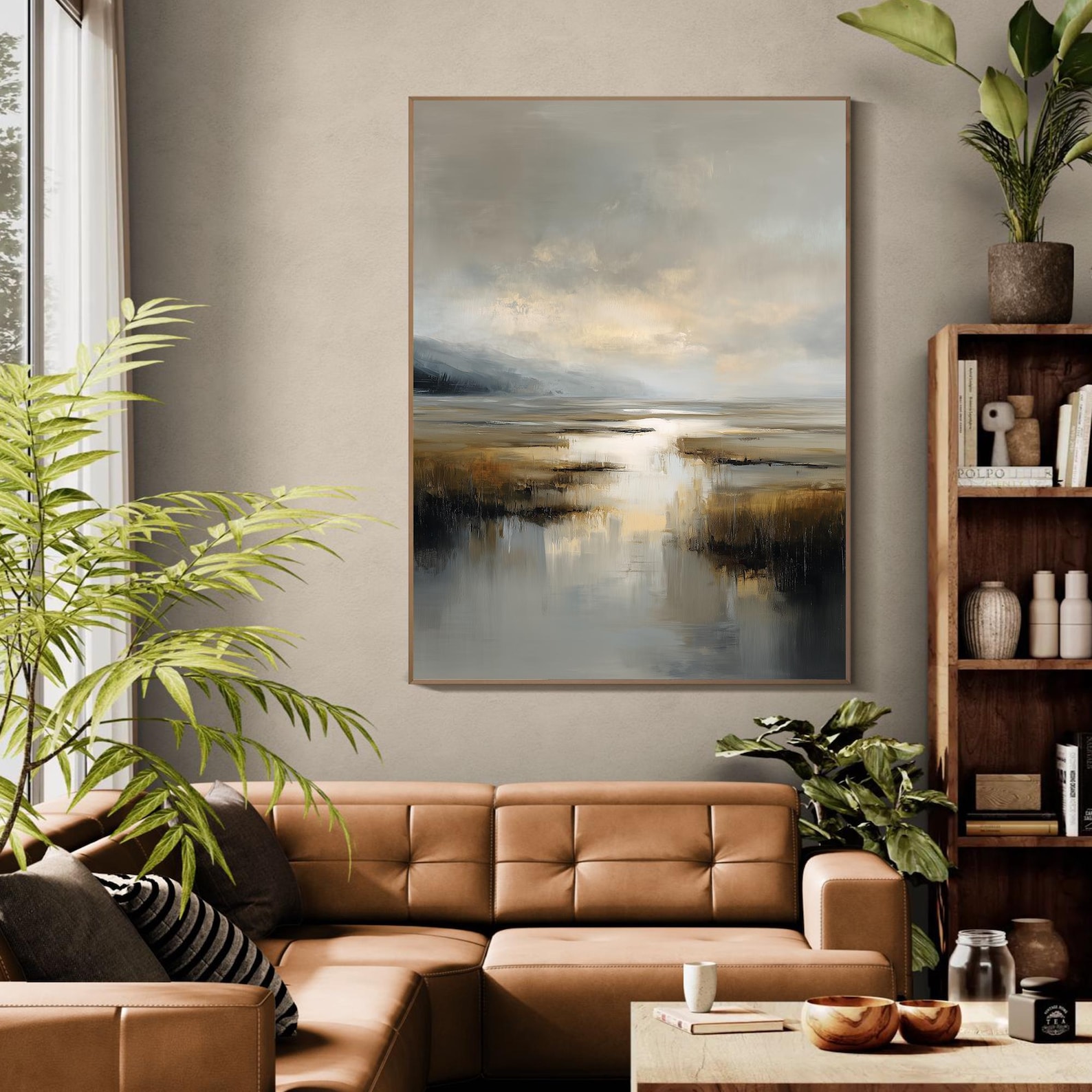 Misty Marsh Glow – Hand-Painted Textured Landscape Canvas Wall Art