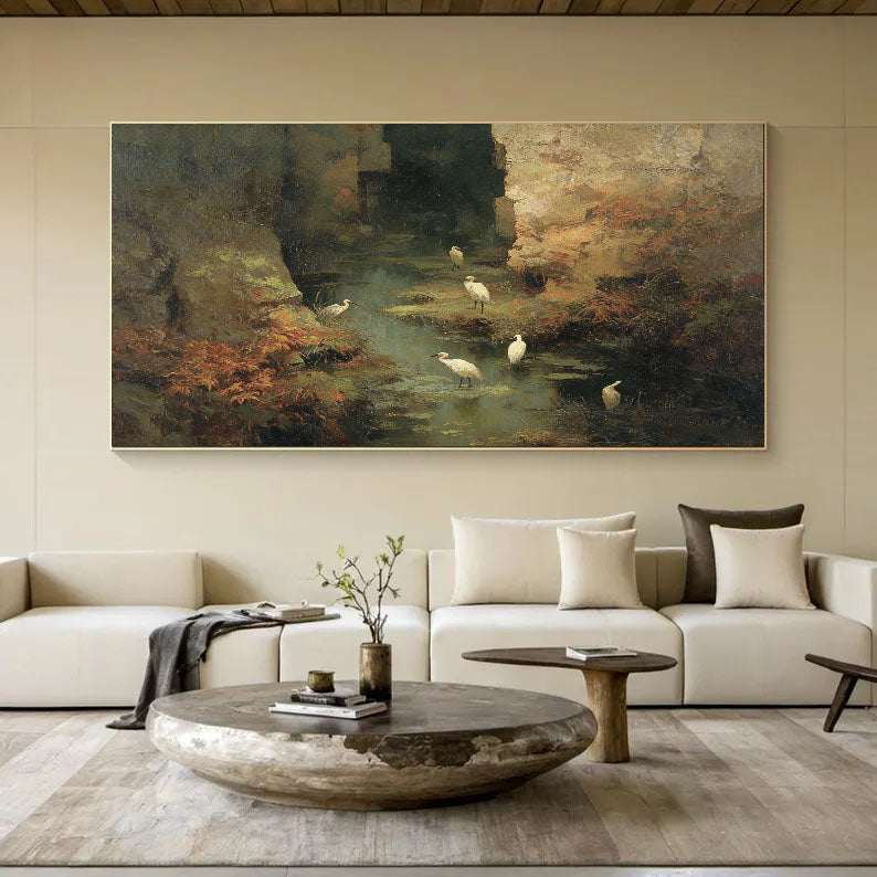 Hand-Painted Nature Landscape Wall Art Textured Bird & Water Scene Canvas for Modern Home Decor
