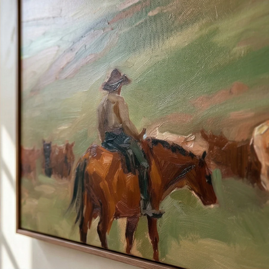 Ranch Serenity – Hand-Painted Cowboy Herding Cattle Oil Painting