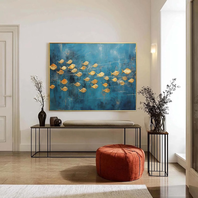 Golden Current - Modern Fish School Oil Painting