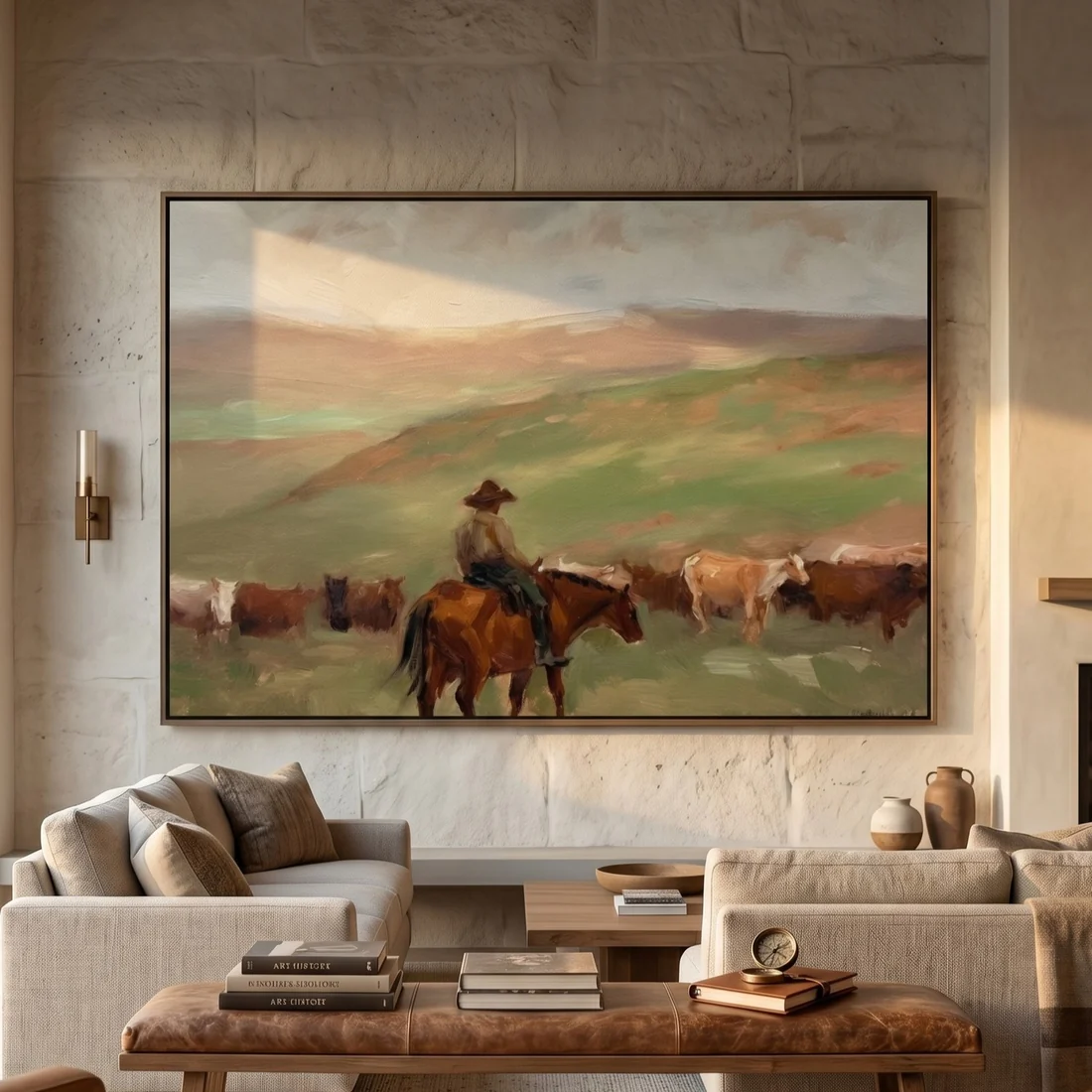 Ranch Serenity – Hand-Painted Cowboy Herding Cattle Oil Painting